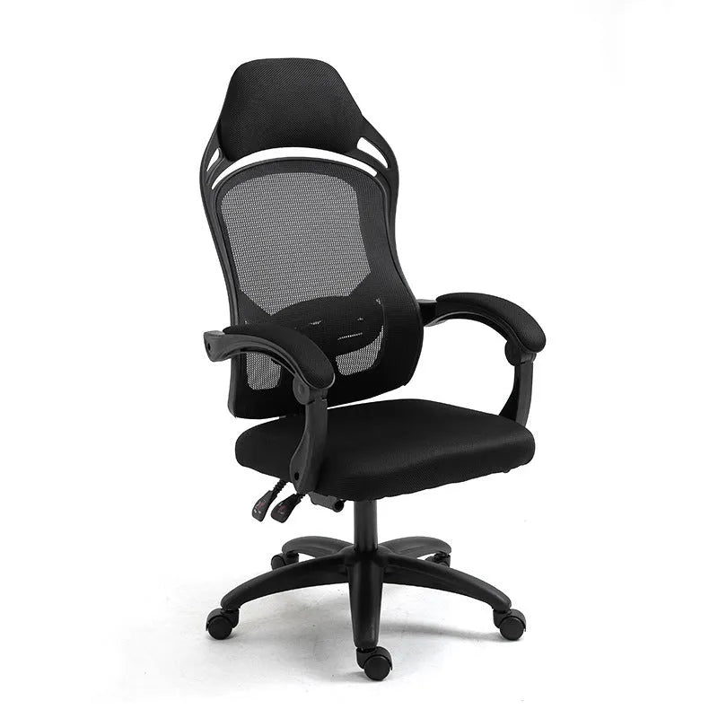 Rotating office chair with high resilience sponge cushion, black colour, nylon wheels, and linkage armrests