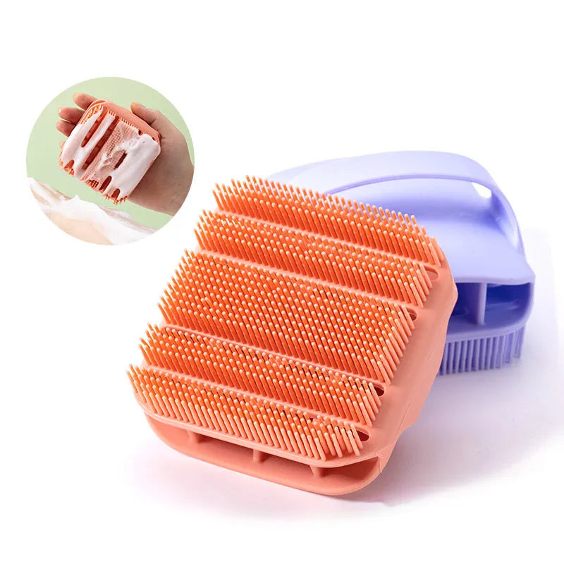 Silicone head massage comb shampoo scrubber with extra-long bristles and ergonomic handle, available in multiple colours