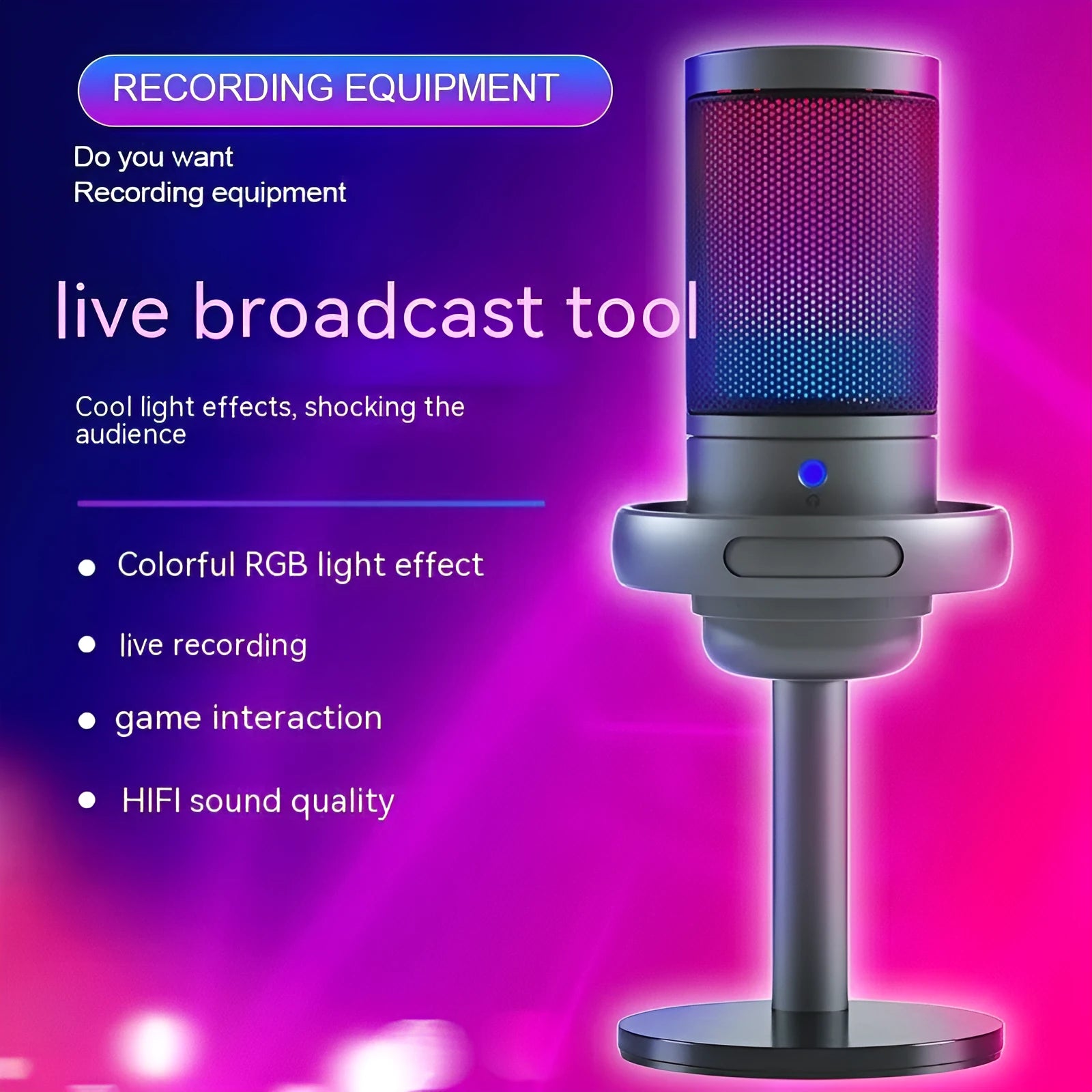 RGB USB condenser microphone in black, white, and pink colours for computer recording