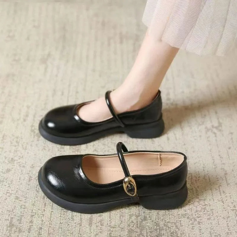 Flat fairy style leather shoes with skull pattern, wedge heel, round head, in beige black light brown
