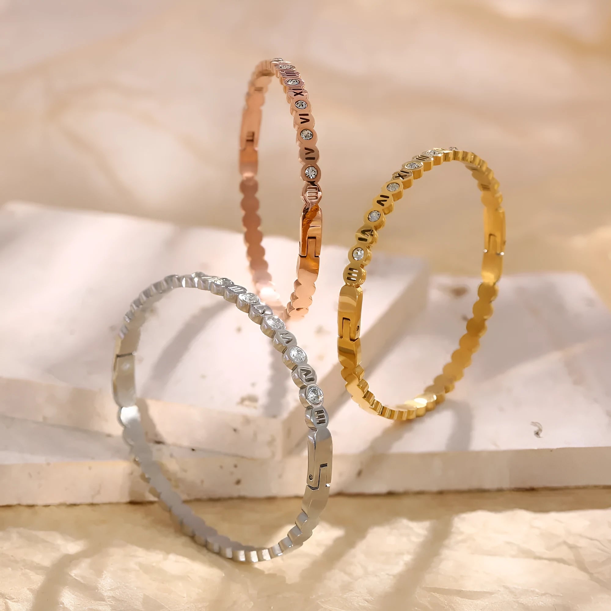 Titanium steel Korean style bracelet with numeric elements in gold, rose gold or steel colour