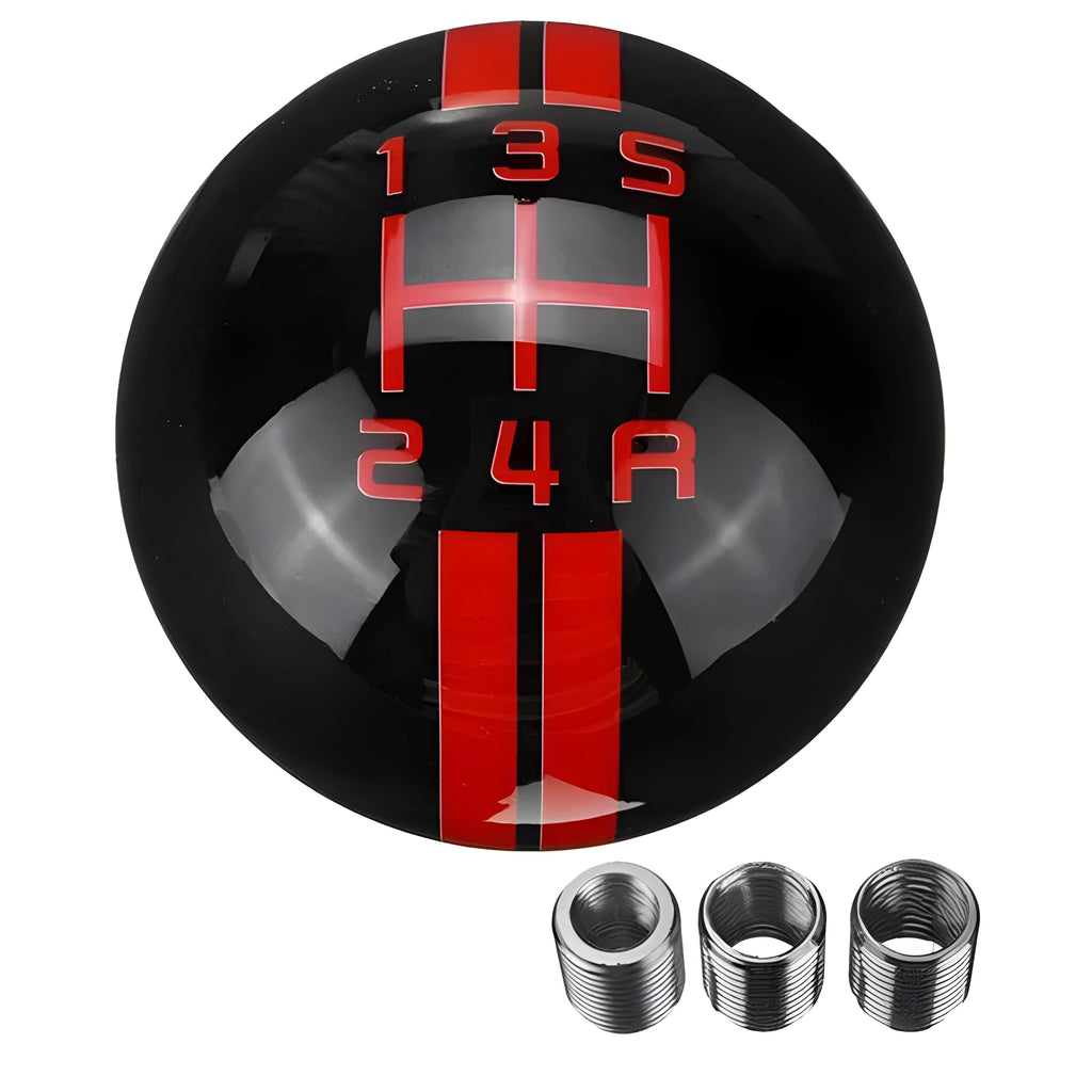 Close-up of a black acrylic 5-speed manual gear lever knob with red gear markings, universal screw-fit type