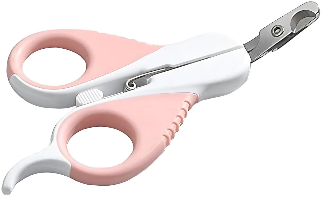 Grey cat nail clippers with safety guard and angled stainless steel blade
