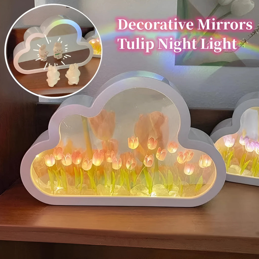 DIY tulip night lamp with cloud tulips, decorative mirror, and photo frame in pink LED mode