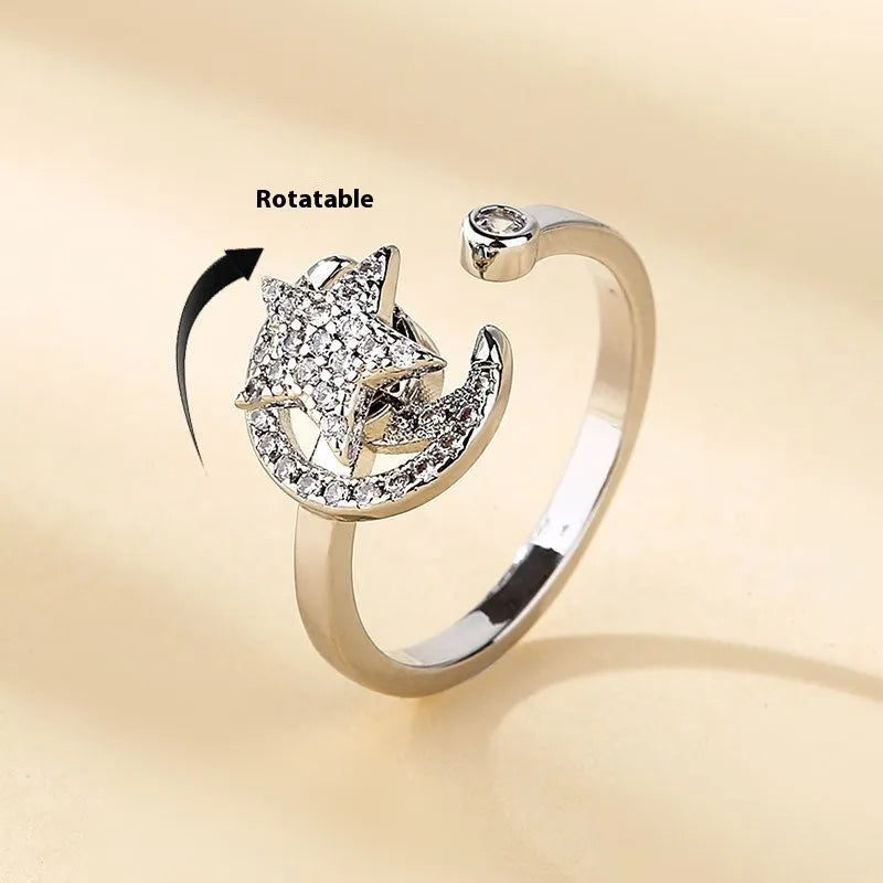 Micro-inlaid free rotating zircon star moon ring for women, gold copper finish, adjustable opening