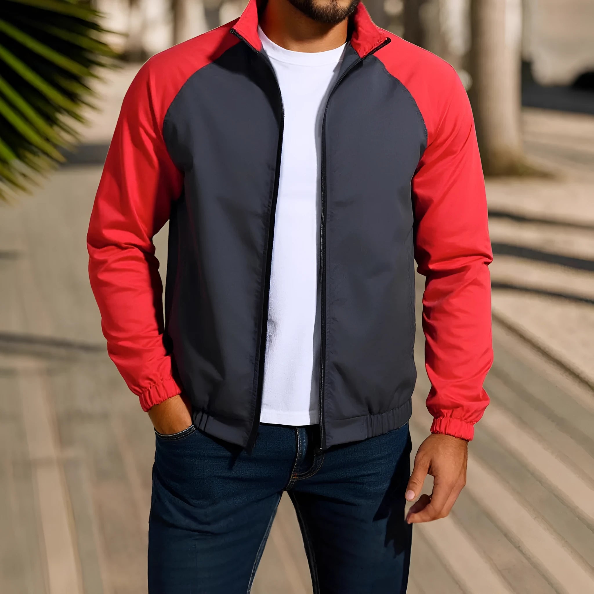 Men's casual coat with stand collar and contrast colour, loose fit raglan sleeve in polyester blend