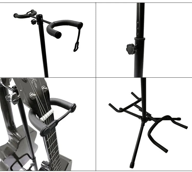 Black vertical double-headed iron guitar stand holding an acoustic guitar upright.