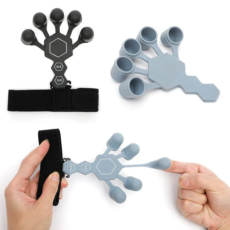Gray silicone 5-finger rehabilitation hand trainer for grip strength exercises on a plain background