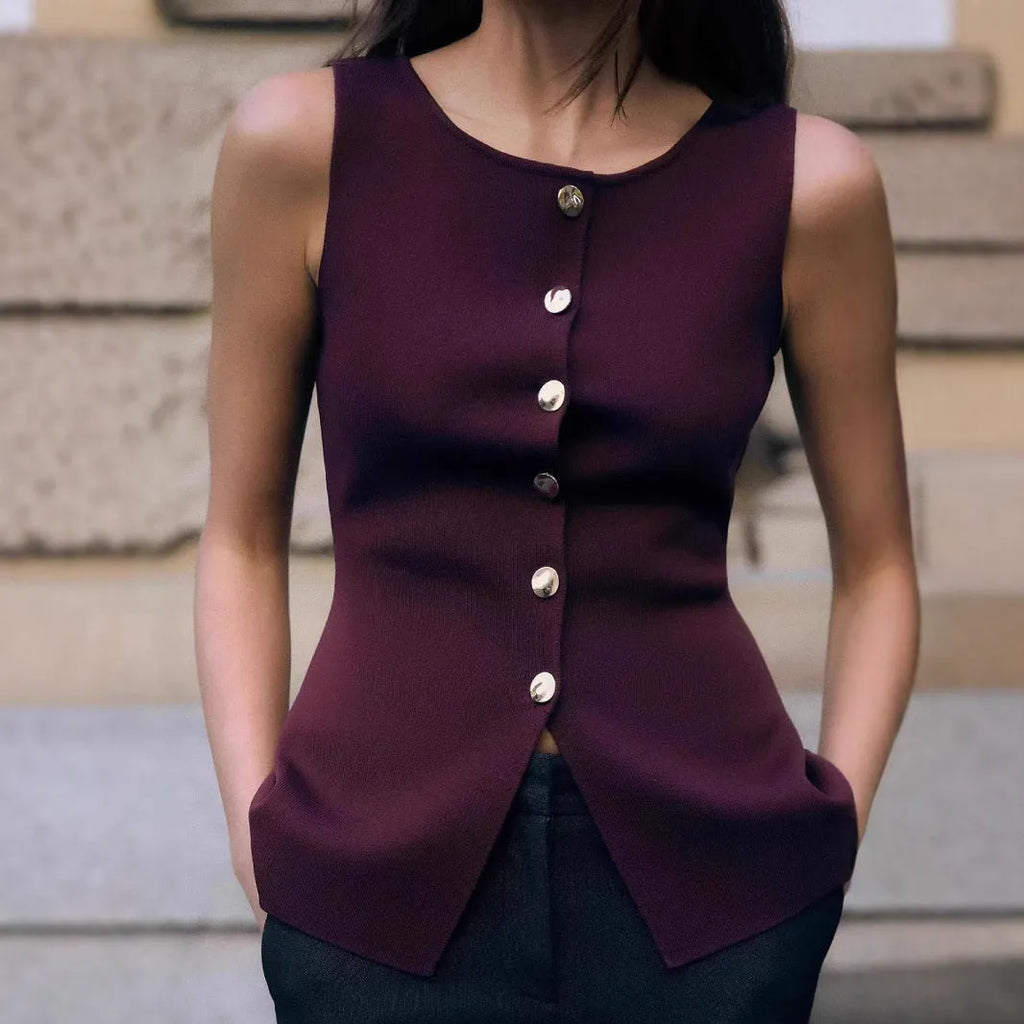 Dark red slim fit sweater vest with gold buttons and 3D pattern texture