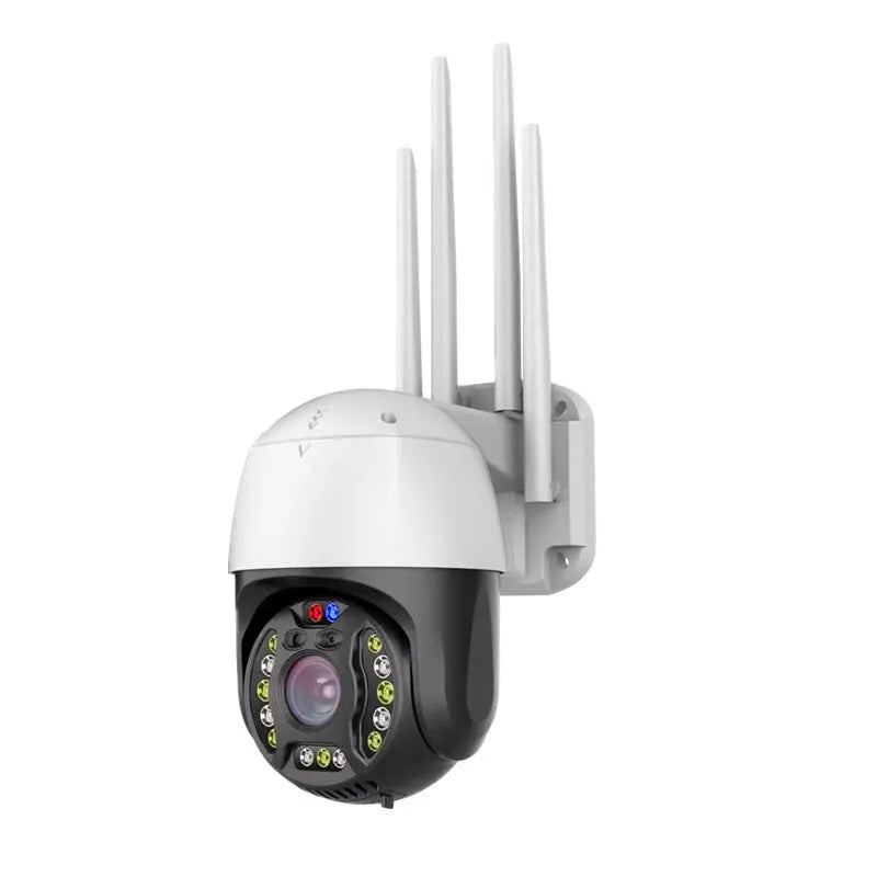 Outdoor dome surveillance camera with 360-degree rotation on a wall mount showing infrared LEDs for night vision