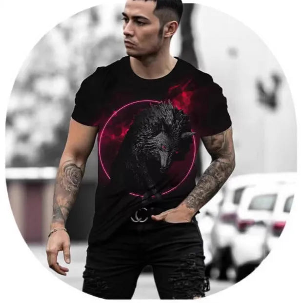Retro 3D animal print men's short-sleeved t-shirt in polyester bird eye cloth, showing digital print detail