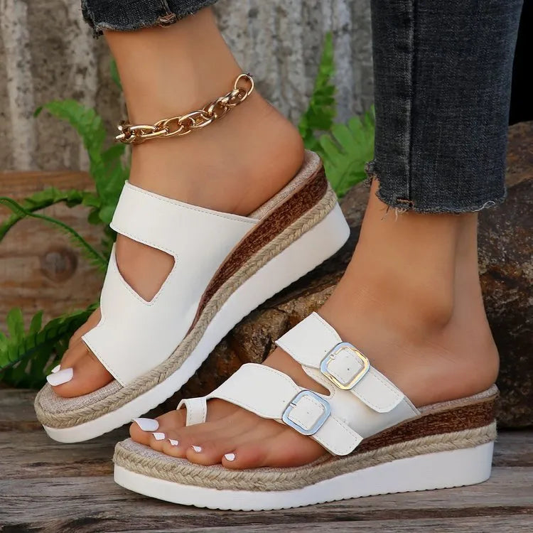 White woven patent leather wedge sandals with finger fit design and peep toe
