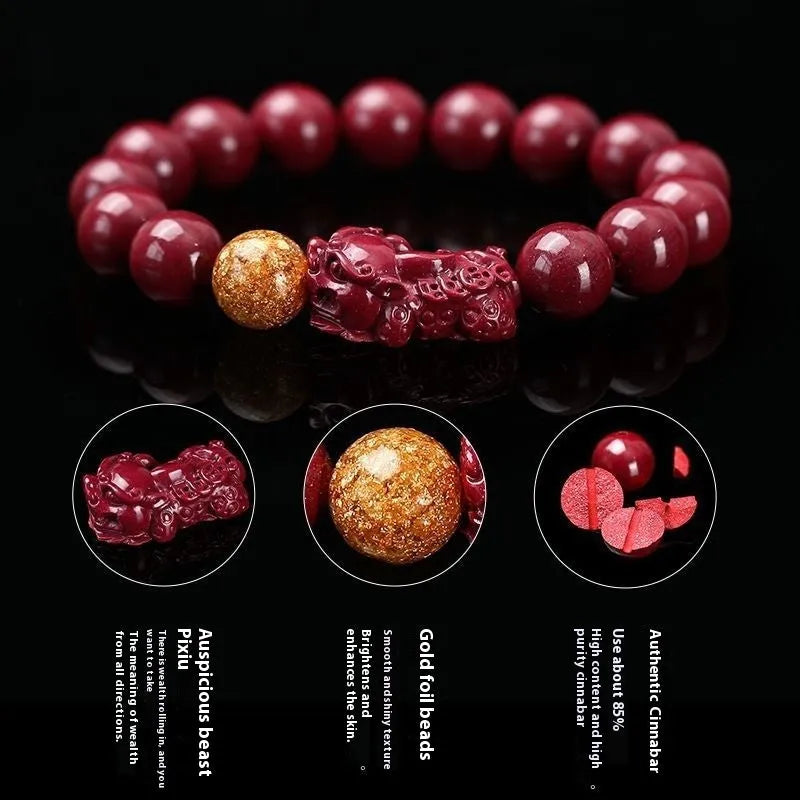 Cinnabar bracelet with purple gold sandstone colour, polished finish, and totem pattern on beads