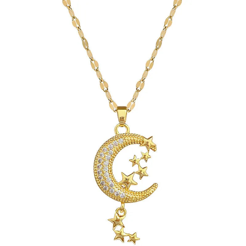 Geometric moon pendant necklace with tassel detailing in stainless steel and copper construction