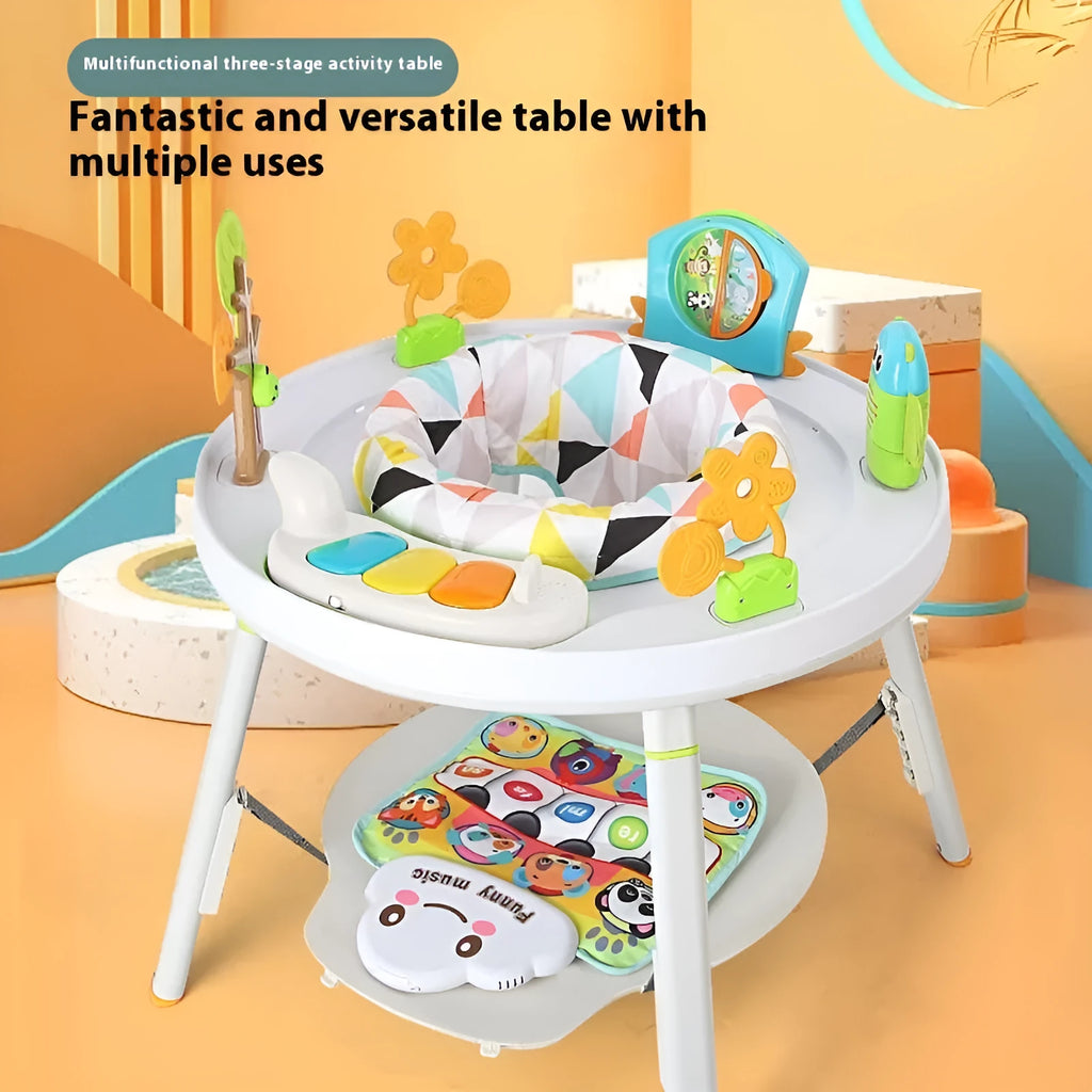 Baby in three-in-one jumper seat with duck design, bouncing with interactive toys