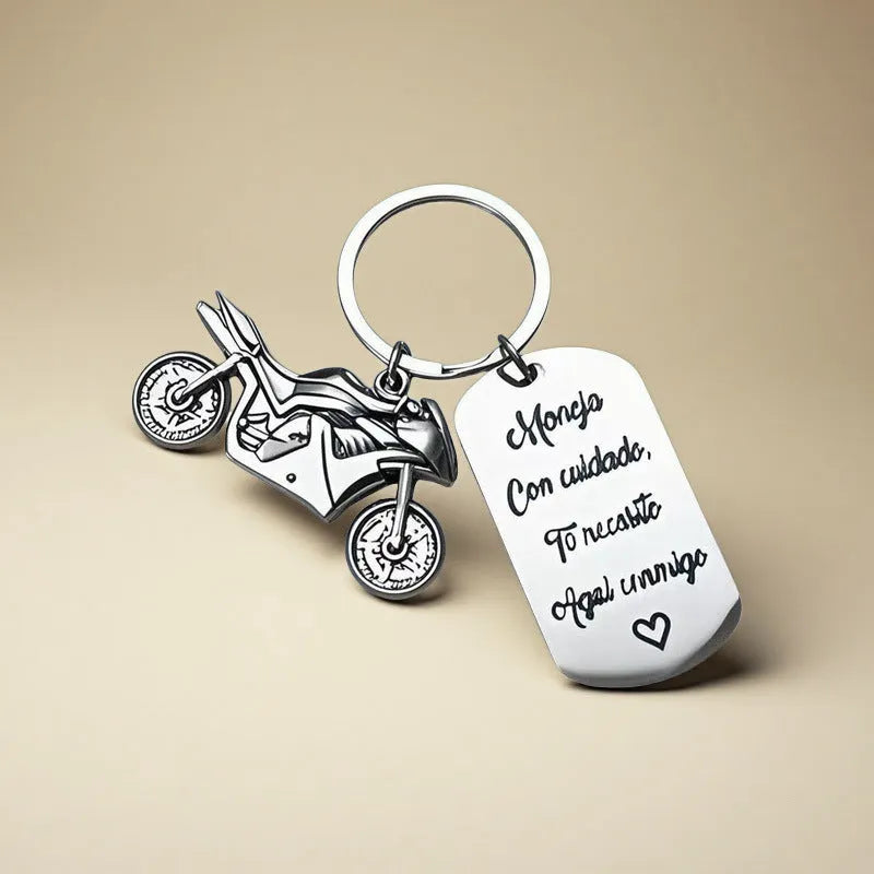 Stainless steel motorcycle keychain with inspirational design and flannel storage bag