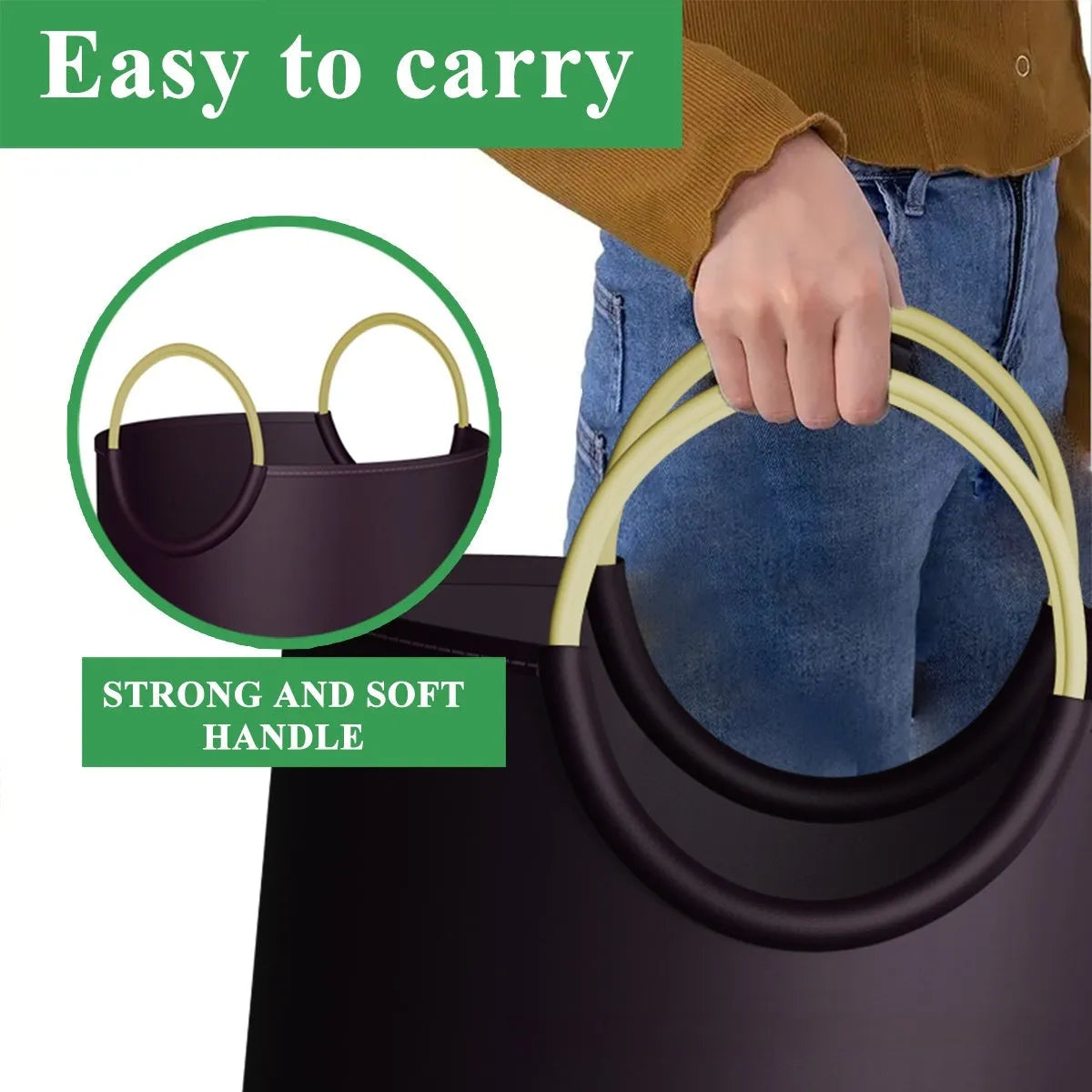 Round collapsible portable trash can with a plastic bag liner, shown next to its 38cm x 72cm dimensions.