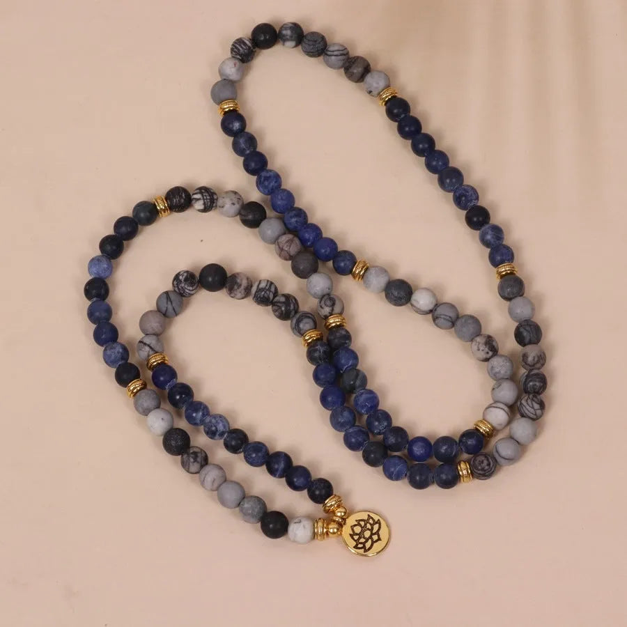 Blue patterned network stone beads on a multi-layer alloy bracelet for women