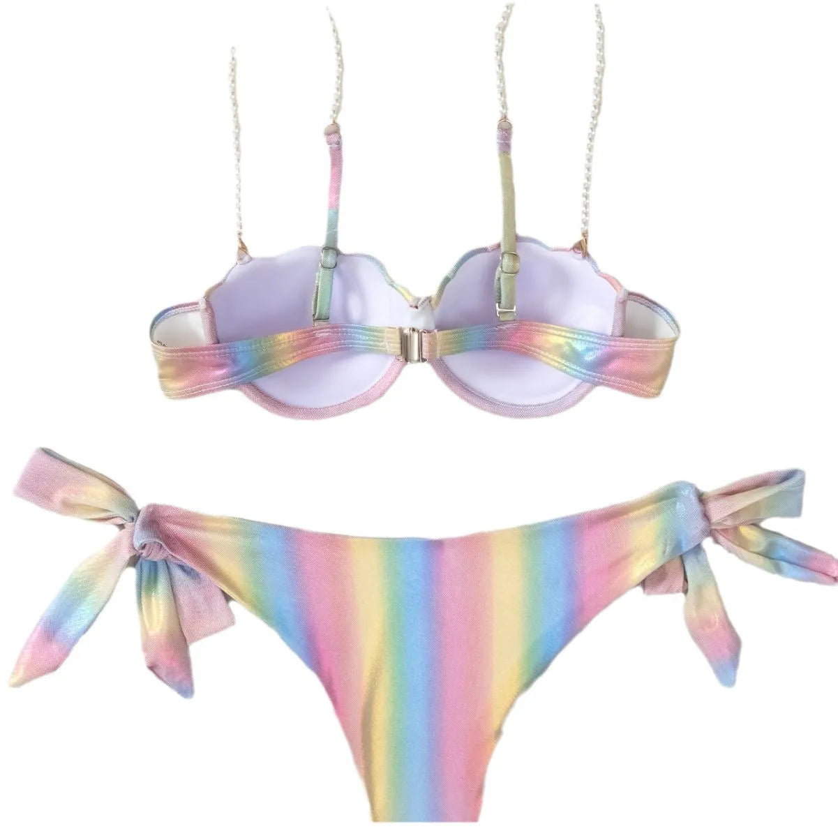 Women's shell rainbow bikini split tied swimsuit with polyester fabric, side ties, and matching top and pants