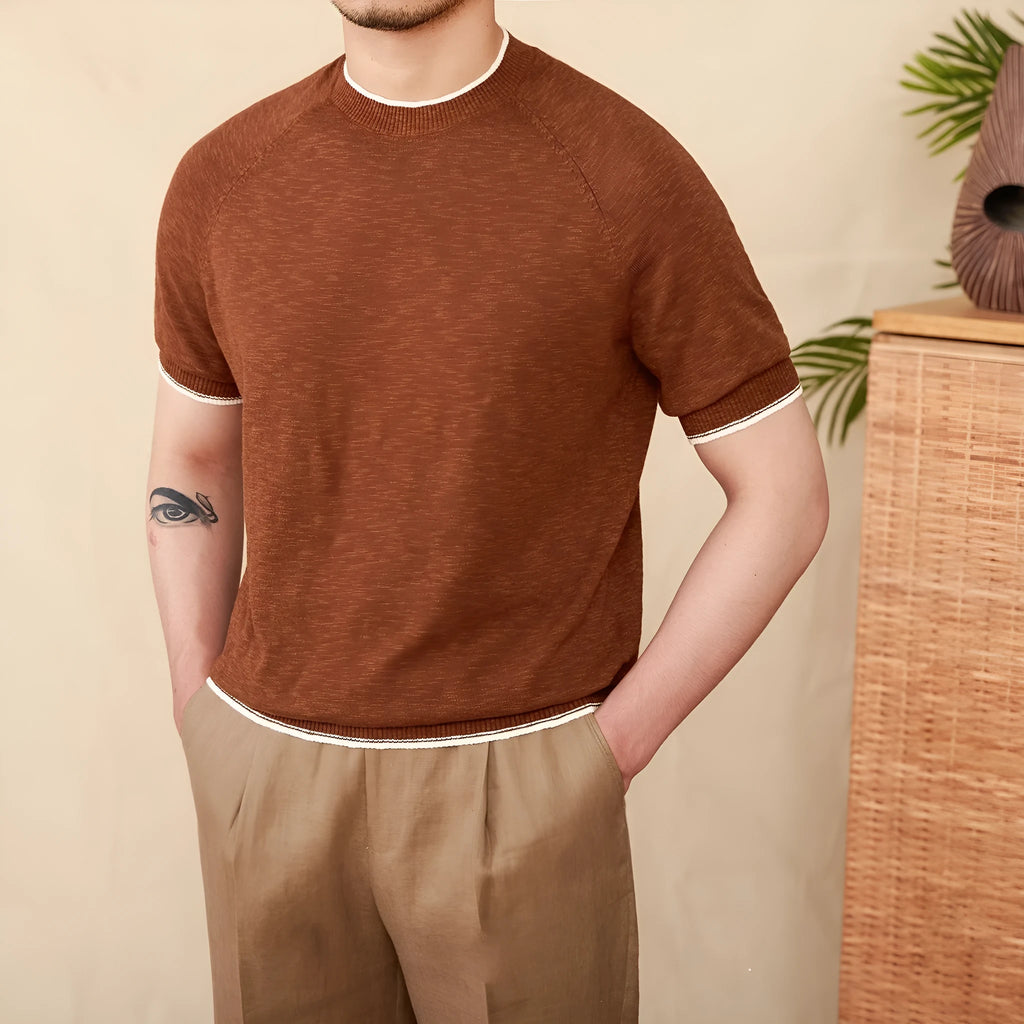 Breathable cotton-linen round neck short-sleeved T-shirt in brown colour