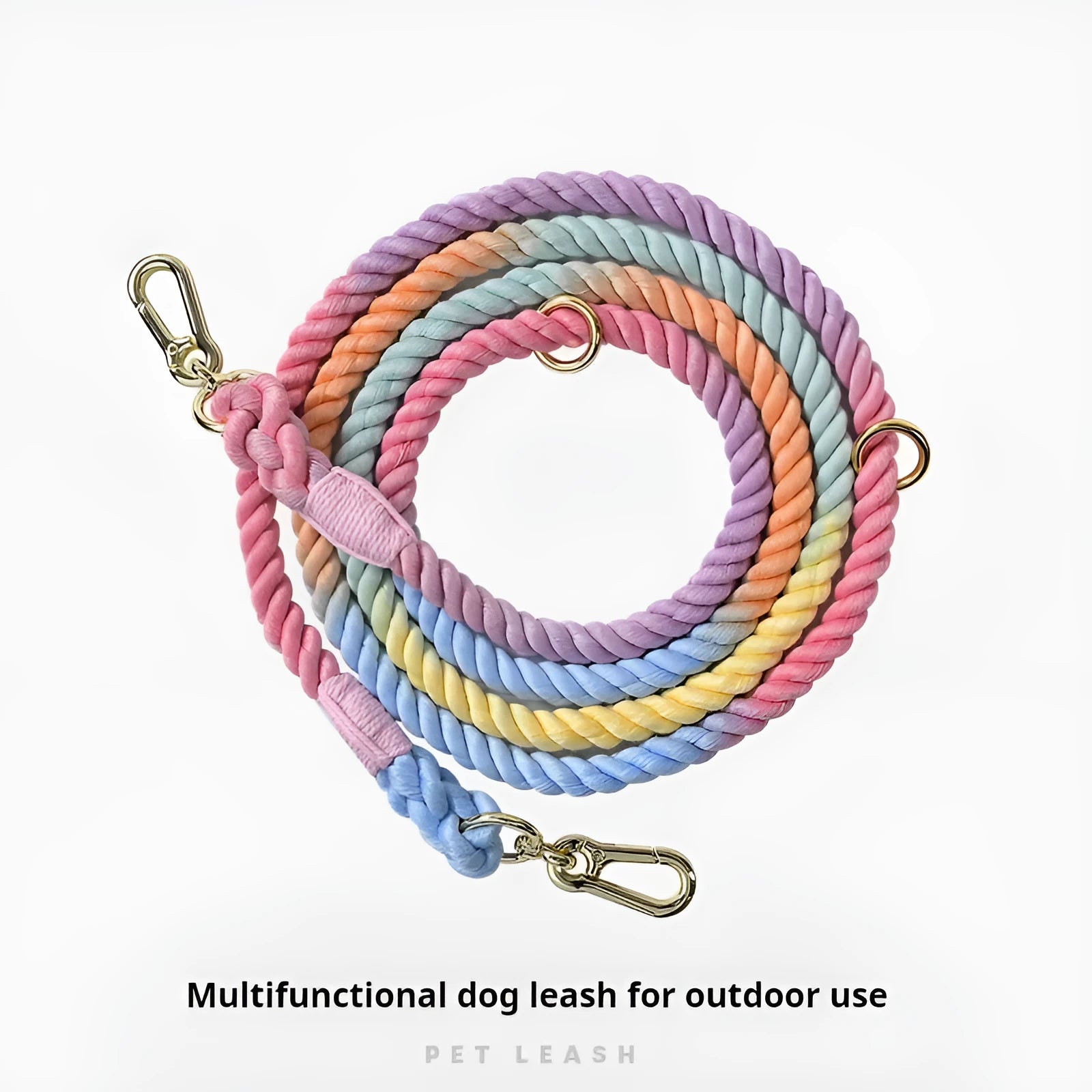 Woven rainbow double-head running dog leash in polyester cotton with gold accessories