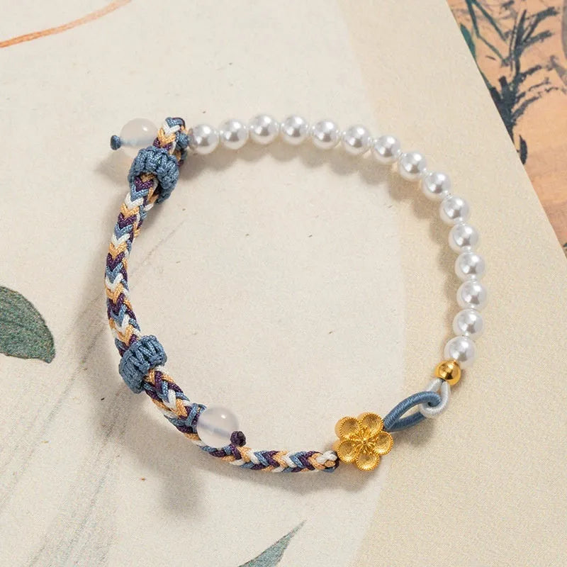 Peach-coloured chalcedony carrying strap bracelet with Chinese flower weaving and pearl accents