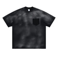Black men's loose fit cotton t-shirt with printed letter pattern and drop-shoulder short sleeves.