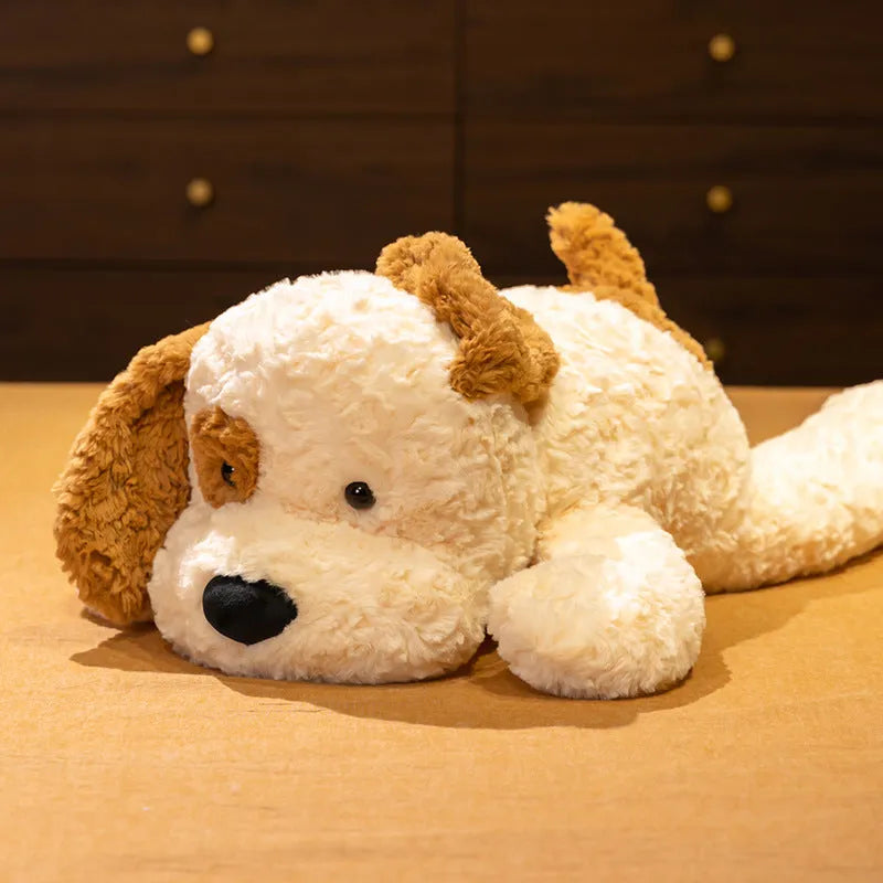 Soft lying spotted dog plush toy with super soft short plush fabric and PP cotton filling, available in 40cm, 50cm, and 70cm heights