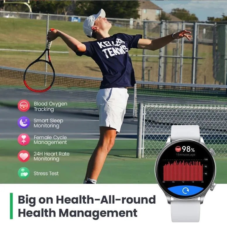 Black Bluetooth smartwatch with 1.43-inch AMOLED display showing heart rate and sports mode interfaces