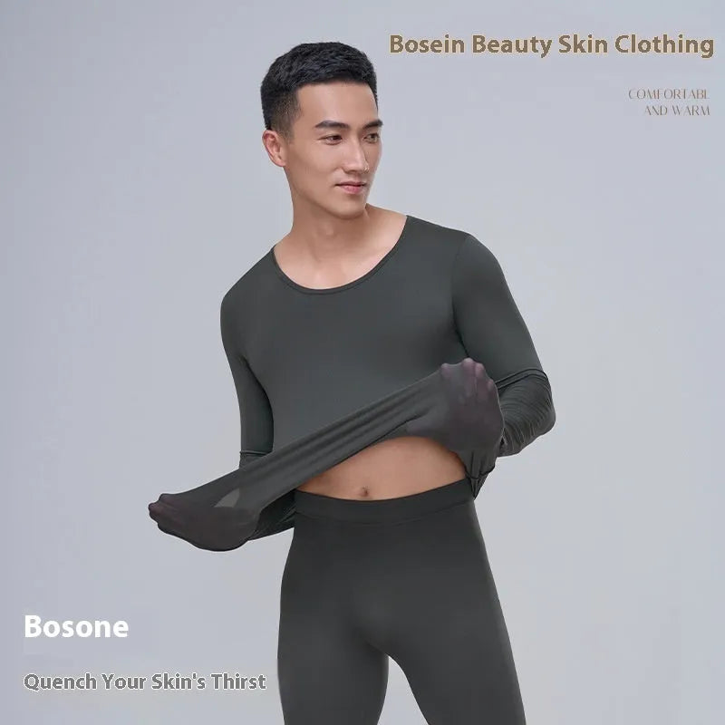 Men's constant temperature heating nylon bottoming suit in black with top and trousers on model