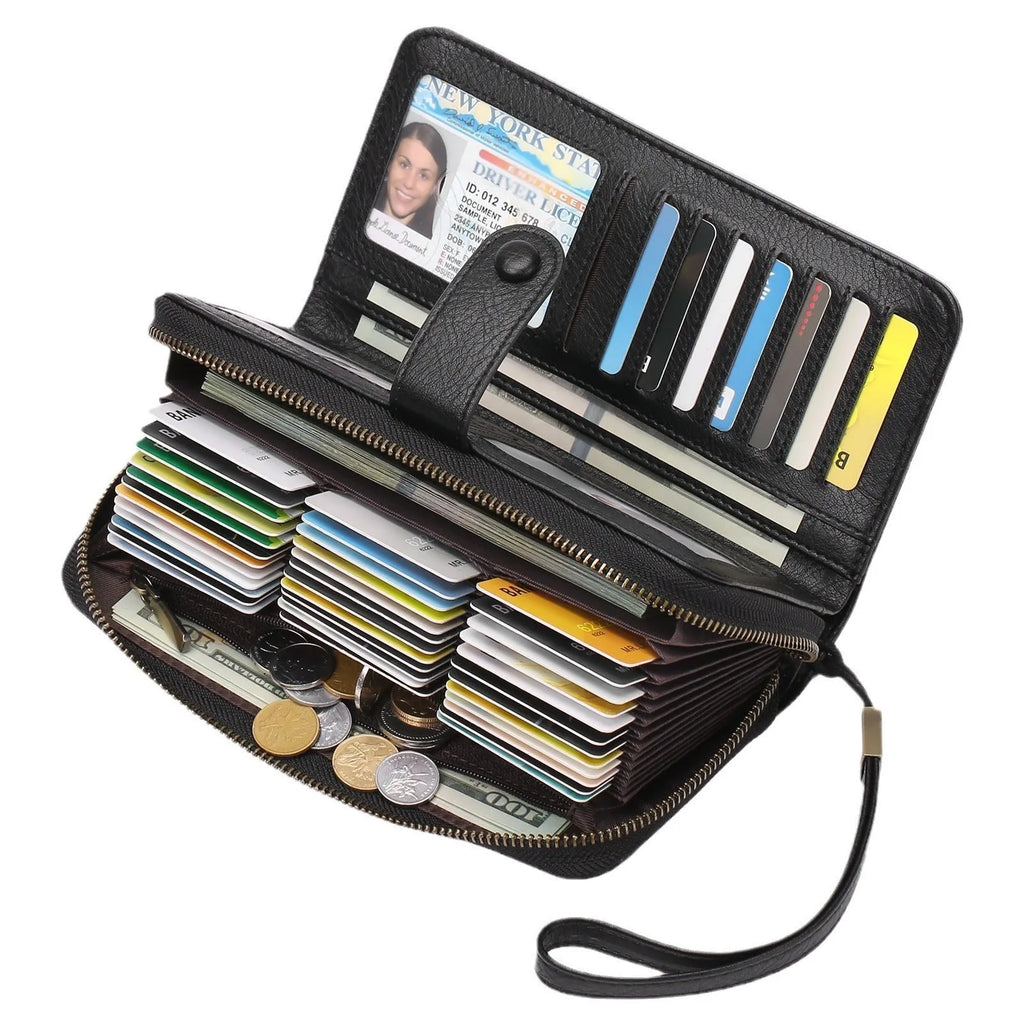 Women's expanding long wallet in PU leather with RFID anti-theft protection, shown in a light brown colour.