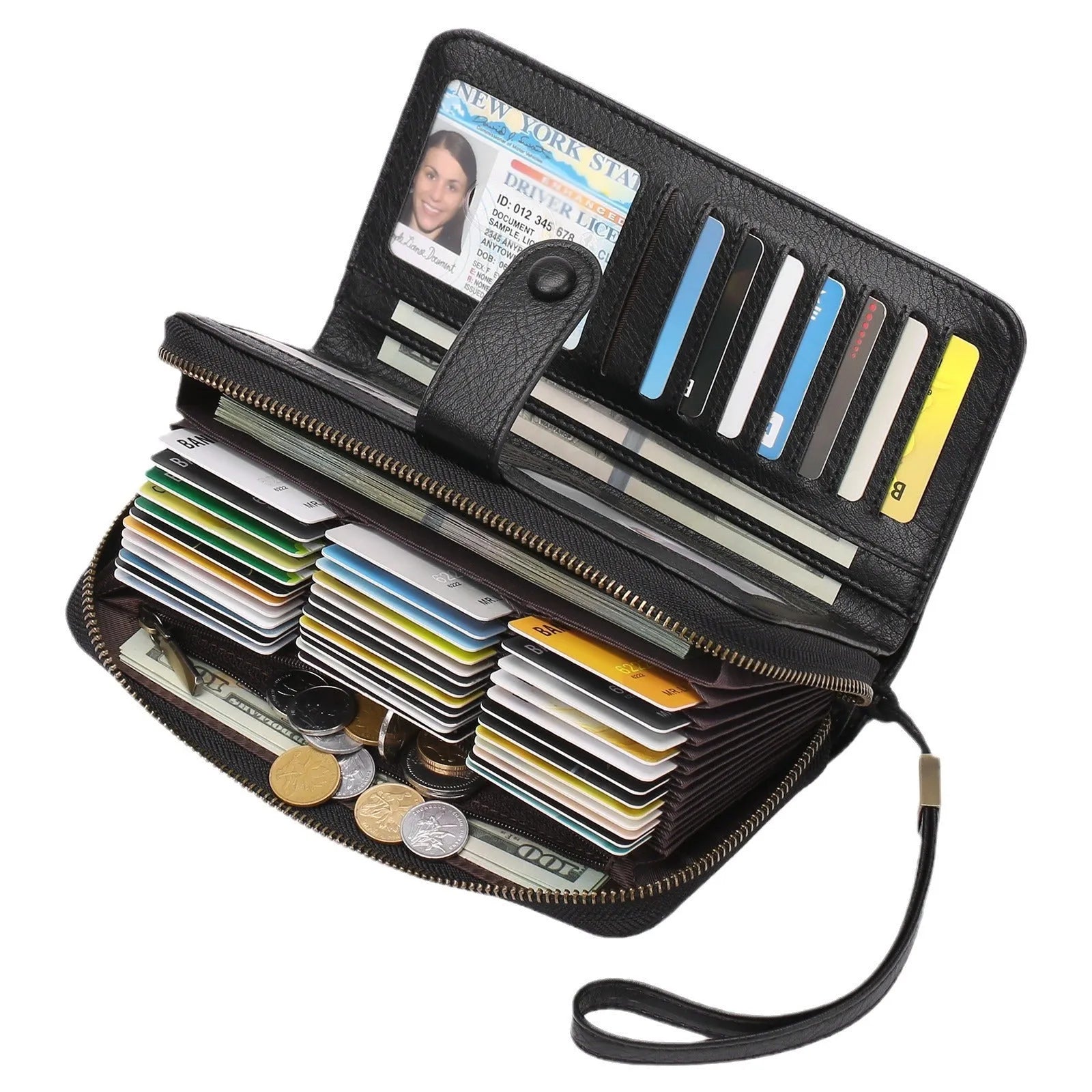 Women's expanding long wallet in PU leather with RFID anti-theft protection, shown in a light brown colour.