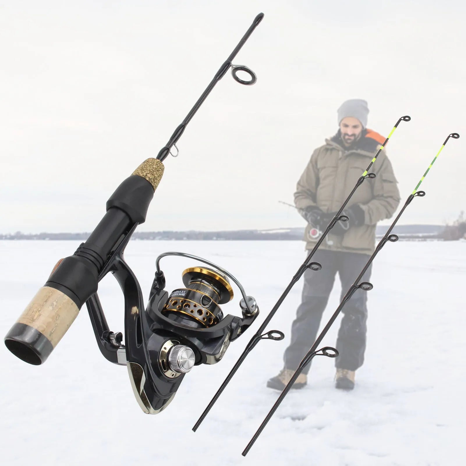 Double tip ice fishing rod 60cm 2 sections hard fishing spinning wheel tackle set single pole colour
