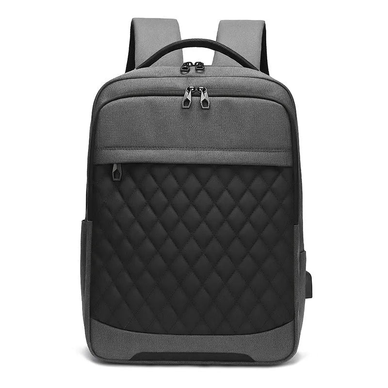 Men's leisure travel backpack in solid black Oxford cloth with curved shoulder straps and diamond mesh detailing