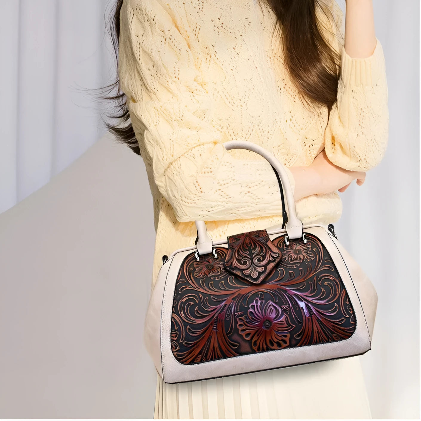 Handmade carved one-shoulder PU women's bag in beige with pillow shape and sandwich pocket