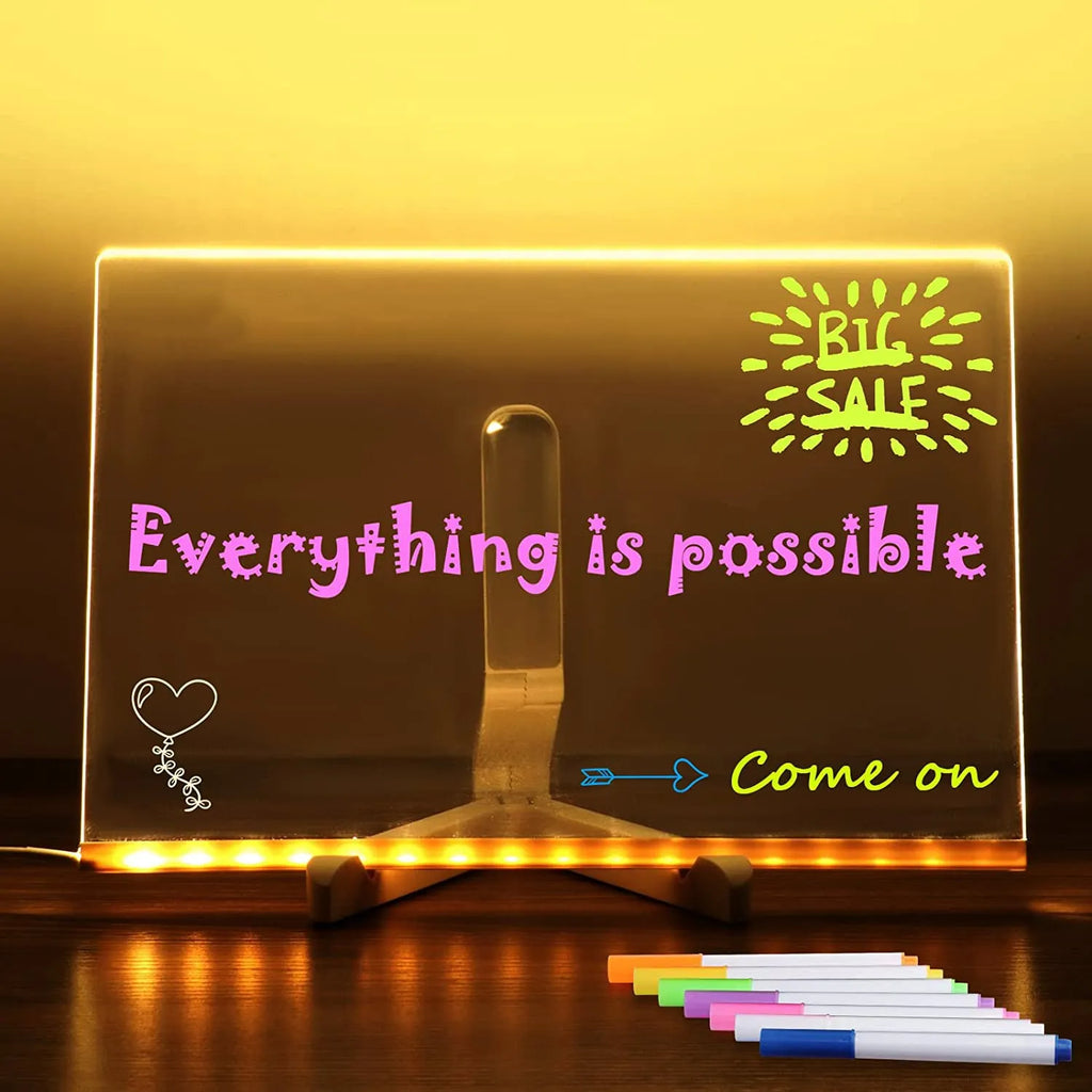 Acrylic DIY note board LED night light showing a transparent board with written messages, USB power, and bracket setup