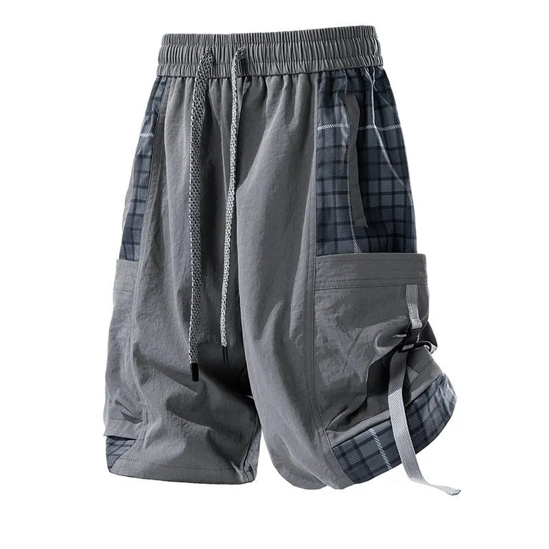 Men's loose cargo shorts with plaid stitching detail in polyester fabric, available in three colour options