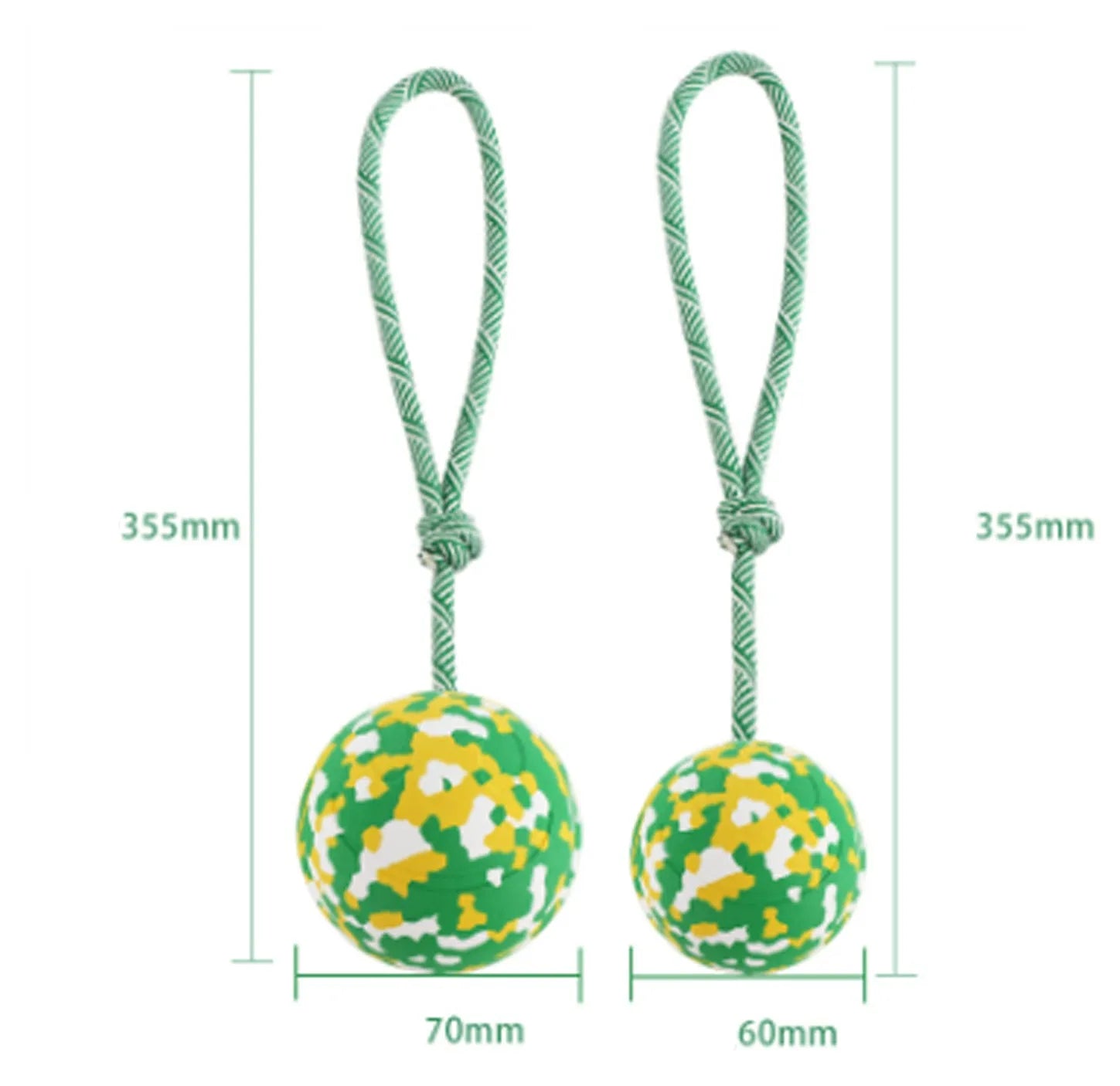 Dog rope ball toy with a solid rubber ball and nylon rope for fetch and tug games