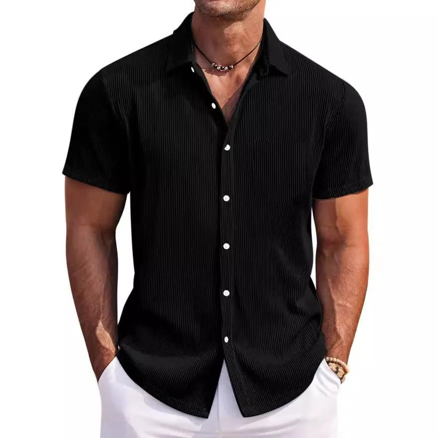 Men's loose vertical stripe short sleeve shirt in solid colour, polyester fabric, young casual style