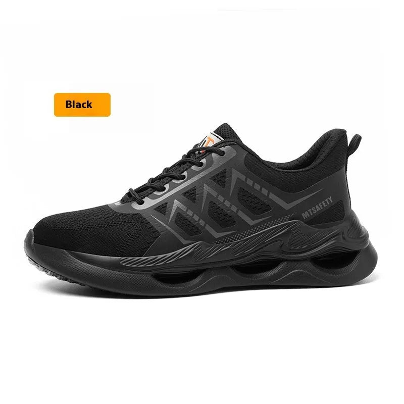Black lightweight breathable steel toe cap safety shoes with flat knit upper and rubber outsole