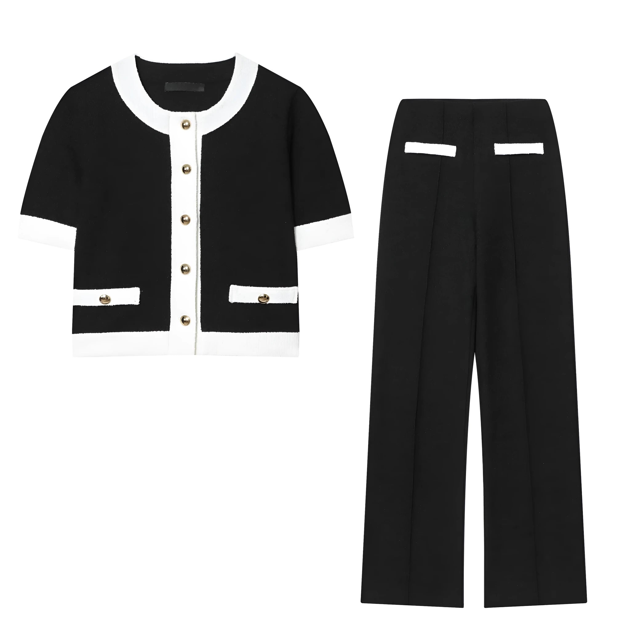 Contrast colour beaded leather top with stretch high-waisted trousers street fashion co-ord set