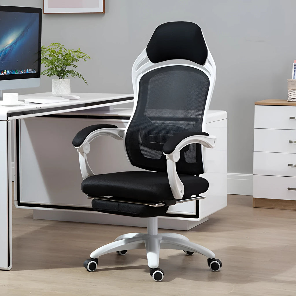 Rotating office chair with high resilience sponge cushion, black colour, nylon wheels, and linkage armrests