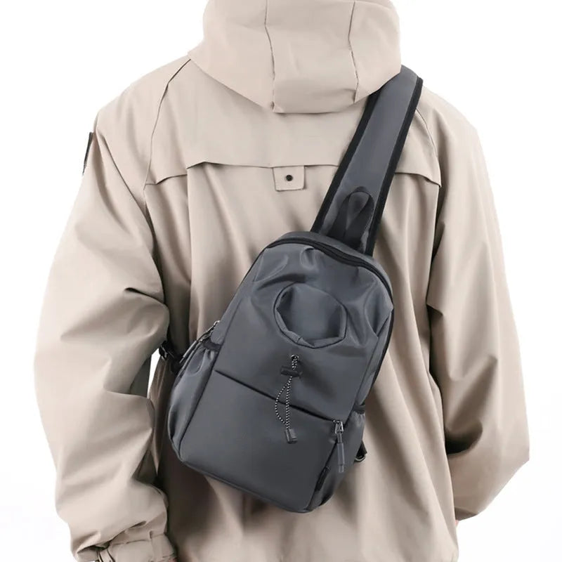 Oxford cloth waterproof shoulder chest bag for men, 21cm, dark gray, with stitching and letter details