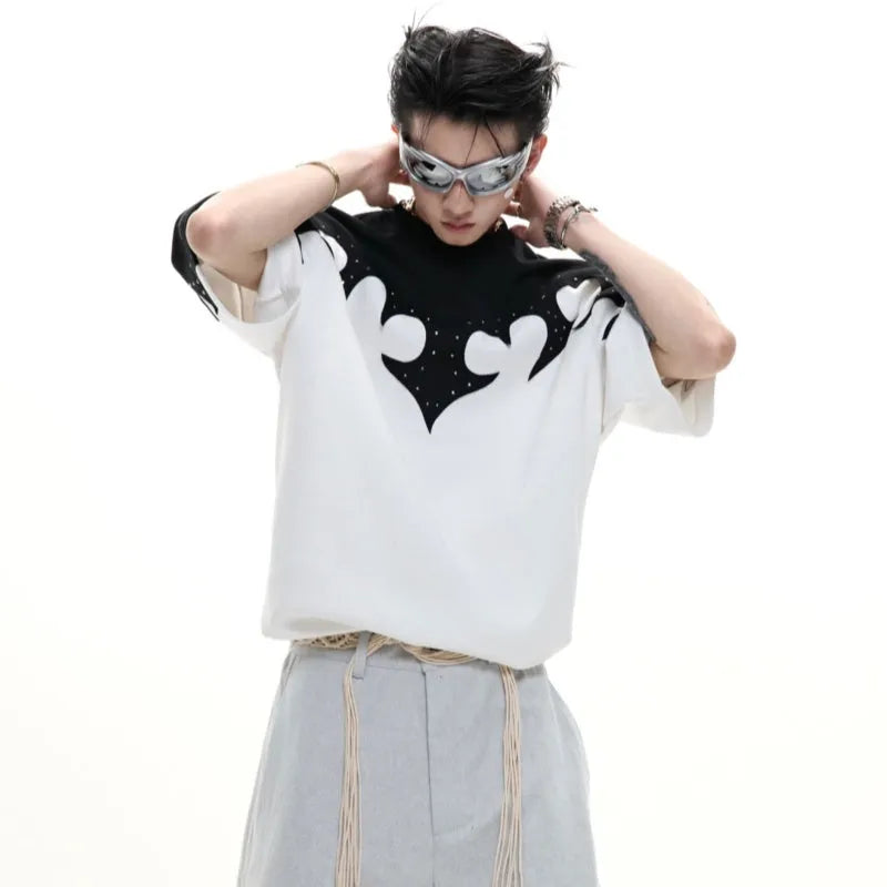 Men's loose fit T-shirt with burnt flower stitching and rhinestone detail on heavyweight cotton fabric