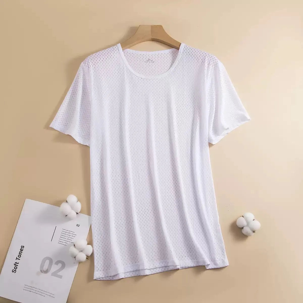 Men's ice silk short sleeve T-shirt in loose fit crew neck design showing mesh fabric texture