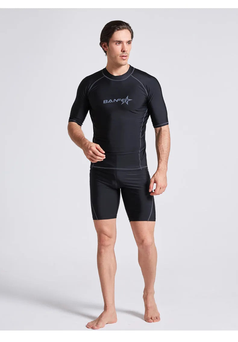 Men's quick-dry nylon swimsuit top and pants set for surfing and snorkelling.