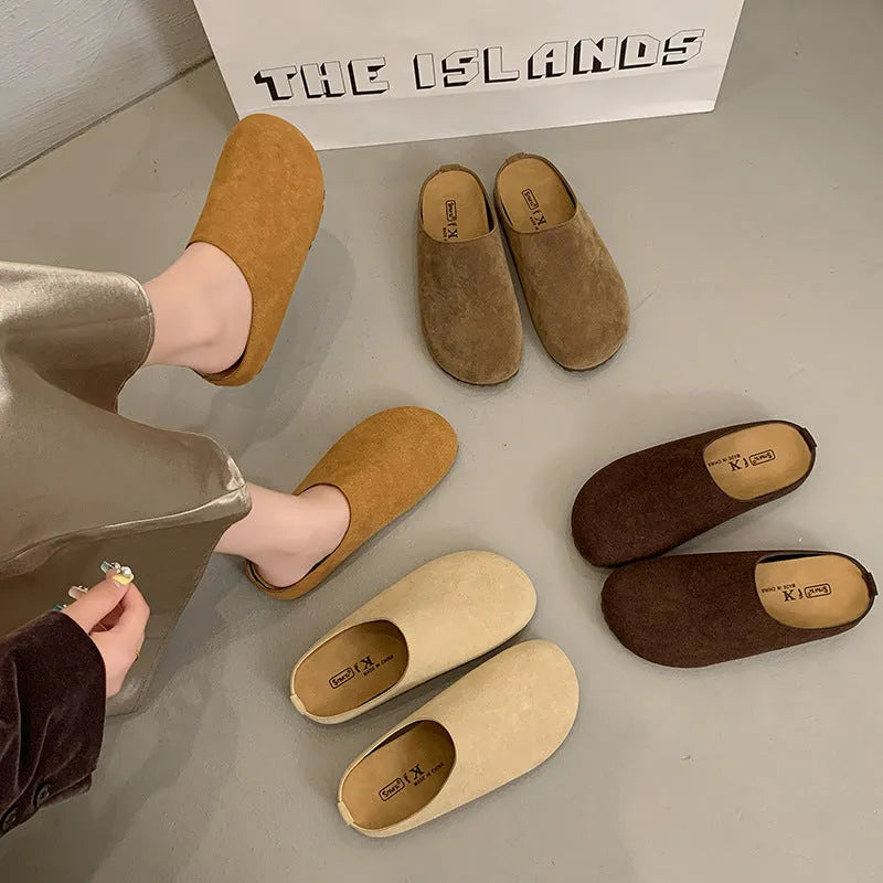 Korean style square toe slippers in apricot colour with microfiber upper and PU sole
