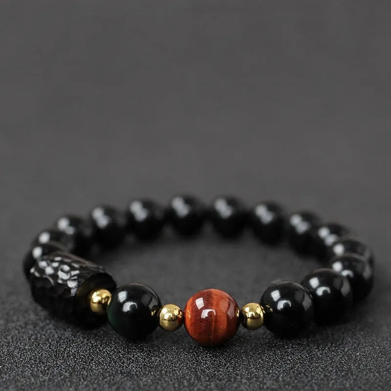 Unisex obsidian bracelet with 10mm round tiger eye beads in yellow, handcrafted retro style