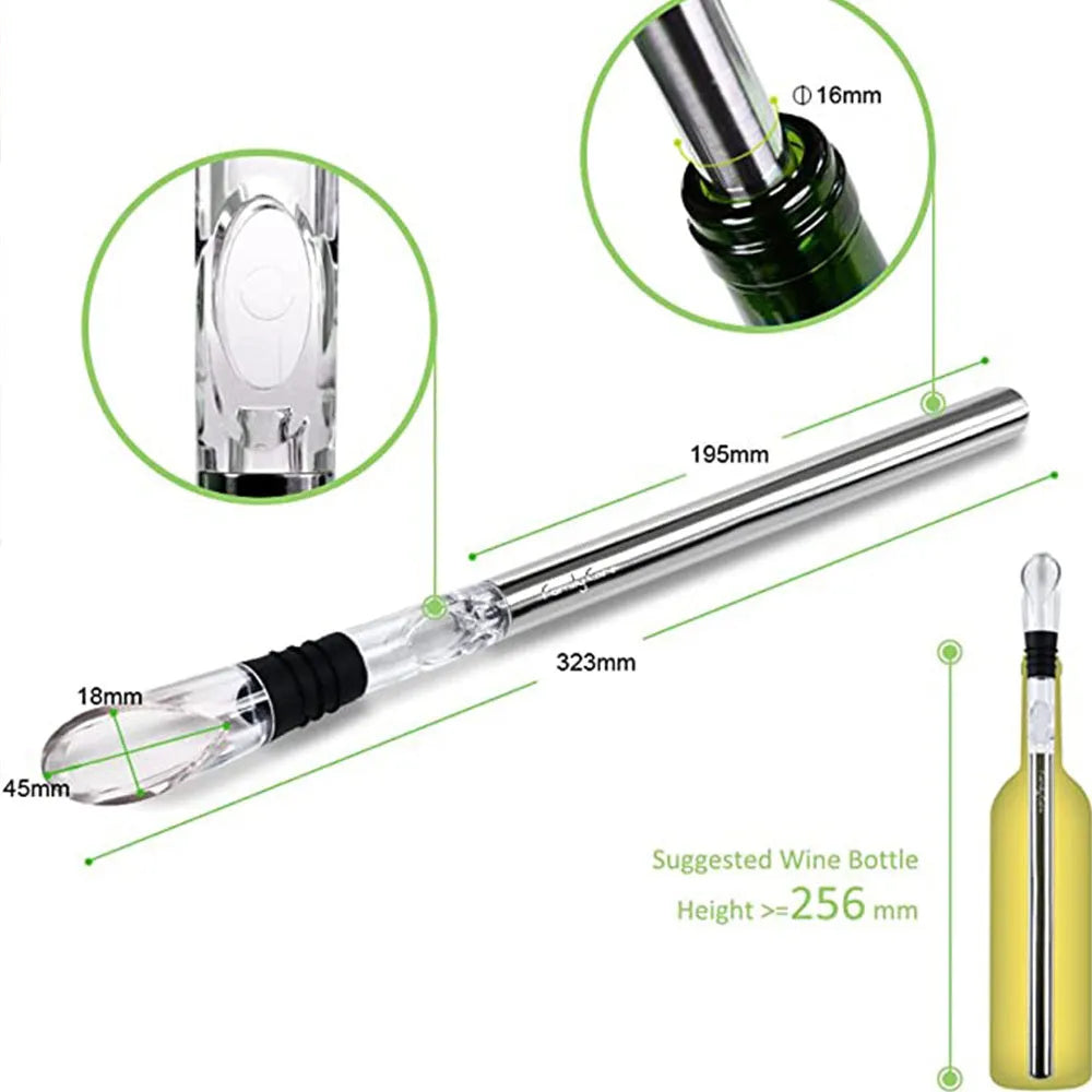 Silver stainless steel wine bottle cooler stick with built-in aerator and drip-free pouring nozzle on a table