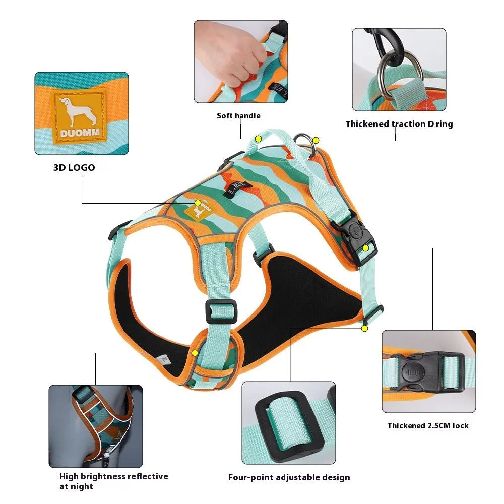 Orange reflective dog harness with chest and back straps and a hand-holding rope clip.
